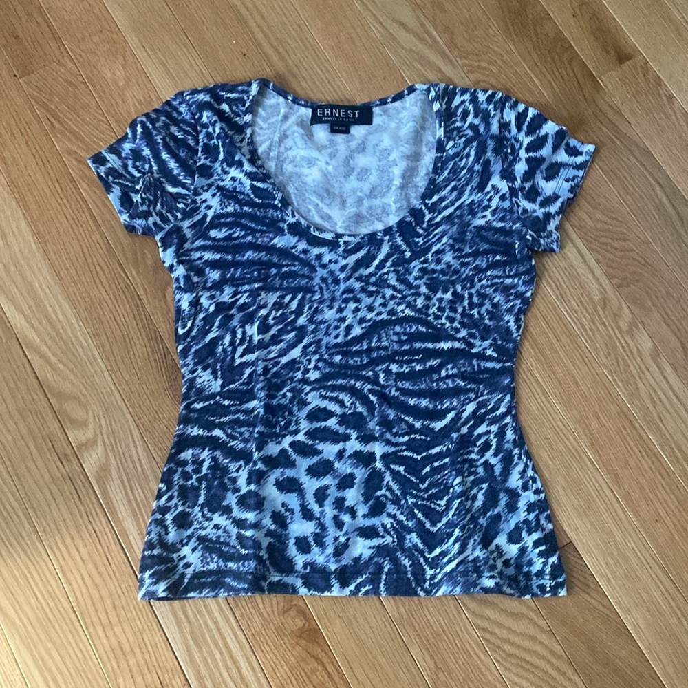 ERNEST LE GAMIN France Tee Black Grey Top Leopard Design XS S Small Extra Small